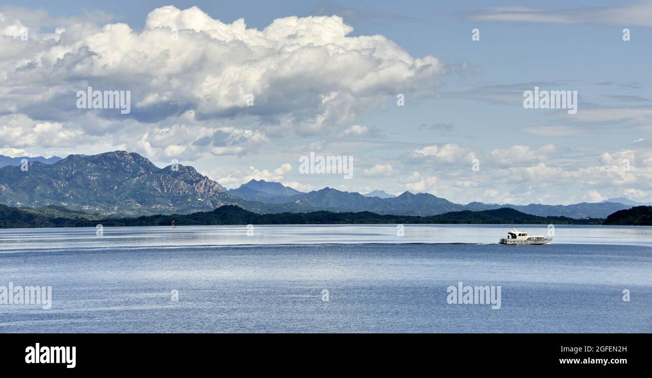 Peking, China. August 2021. Ein Überwachungsschiff patrouilliert im Miyun Reservoir in Peking, der Hauptstadt Chinas, am 25. August 2021. Am Dienstag, 8 Uhr Beijing Time, erreichte das Wasserspeichervolumen des Miyun Reservoirs in Peking 3.371 Milliarden Kubikmeter, ein Rekordhoch. Der 1960 erbaute Stausee verfügt über eine Gesamtspeicherkapazität von 4.375 Milliarden Kubikmetern. Kredit: Li Xin/Xinhua/Alamy Live Nachrichten Stockfoto