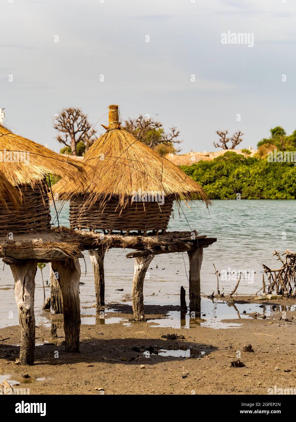 Kleiner Kornspeicher mit schrägem Dach auf einer Insel zwischen Mangrovenbäumen, Joal-Fadiouth, Senegal Afrika Stockfoto