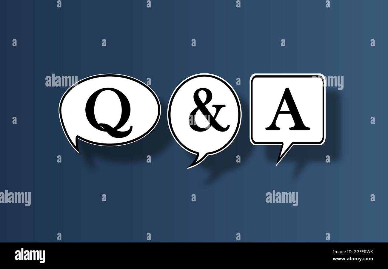 Fragen und Antworten Symbol in Bubble Speech vor dunkelblauem Hintergrund. 3D-Q&A-Zeichen in White Thoughts Bubbles . Business-Hilfe- und Support-Konzept Stockfoto