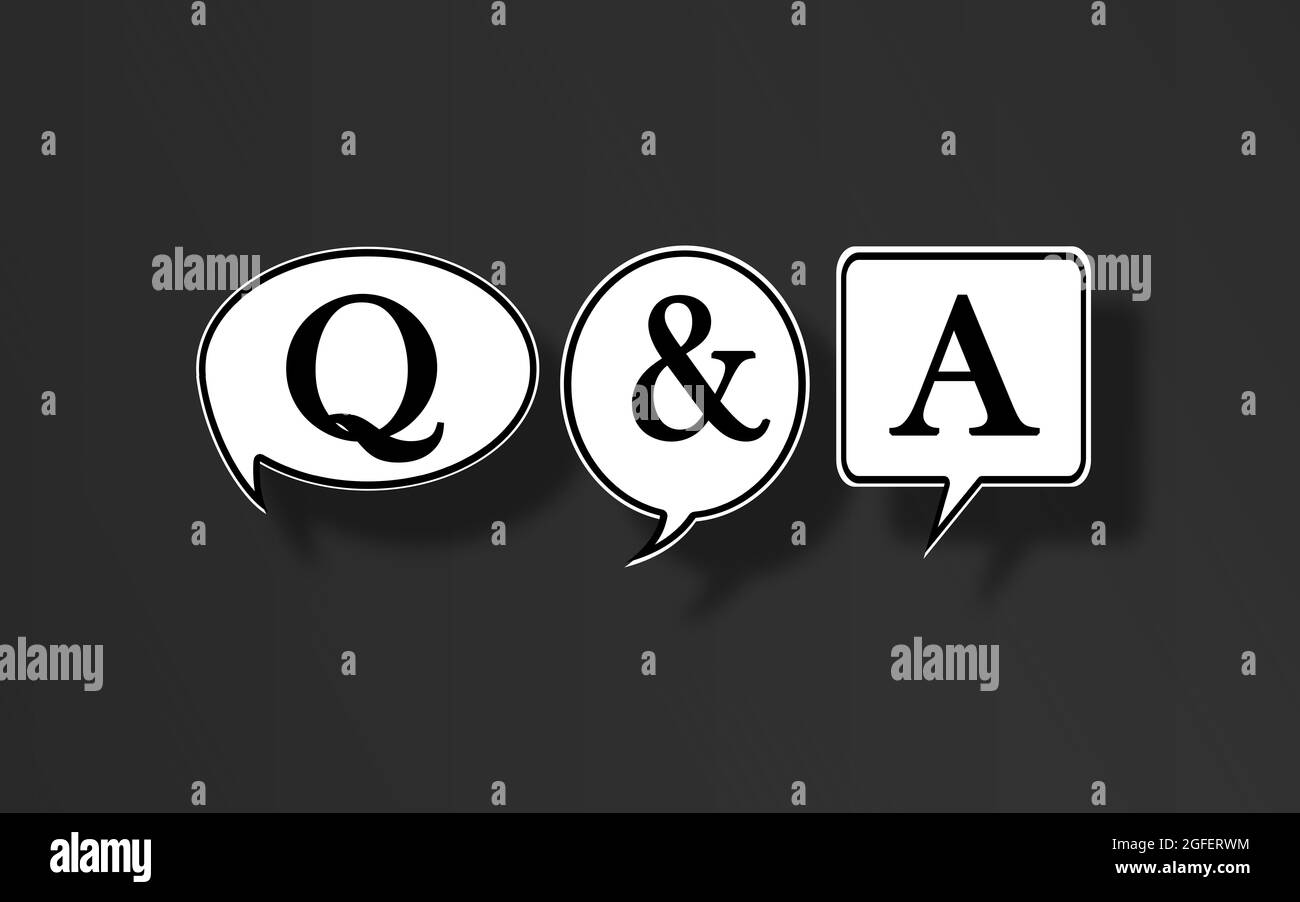 Fragen und Antworten Symbol in Bubble Speech vor dunkelgrauem Hintergrund. 3D-Q&A-Zeichen in White Thoughts Bubbles . Business-Hilfe- und Support-Konzept Stockfoto