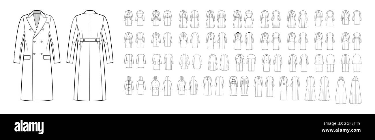 Set von Mänteln, Oberbekleidung Jacken technische Mode Illustration mit übergroßen, dicken, Kapuze Kragen, lange Ärmel, Taschen. Flatcoat-Schablone vorne, Rückseite weiß. Damen Herren Unisex TOP CAD Mockup Stock Vektor