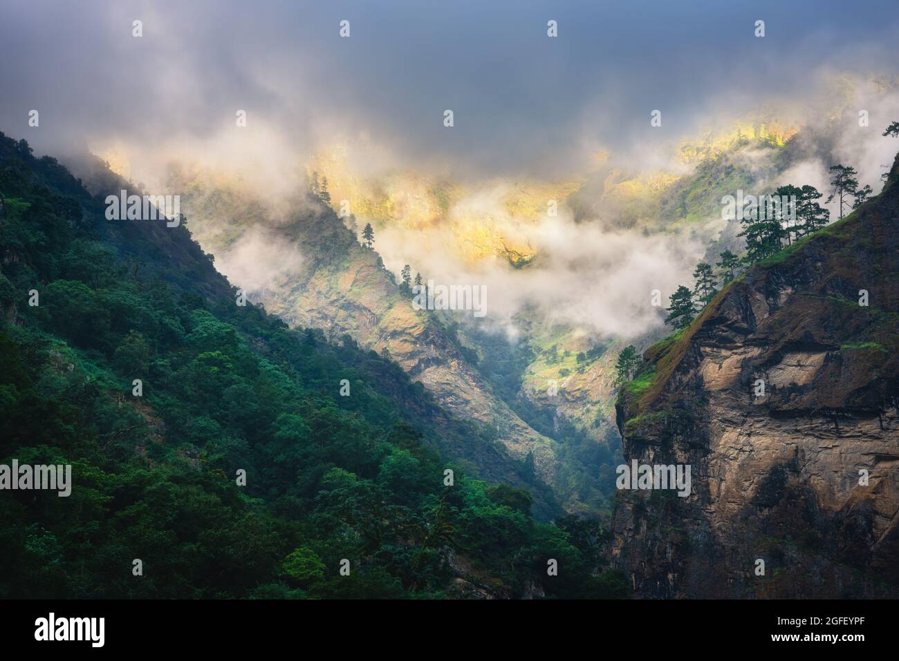 Berge in niedrigen Wolken am bewölkten Abend in Nepal Stockfoto