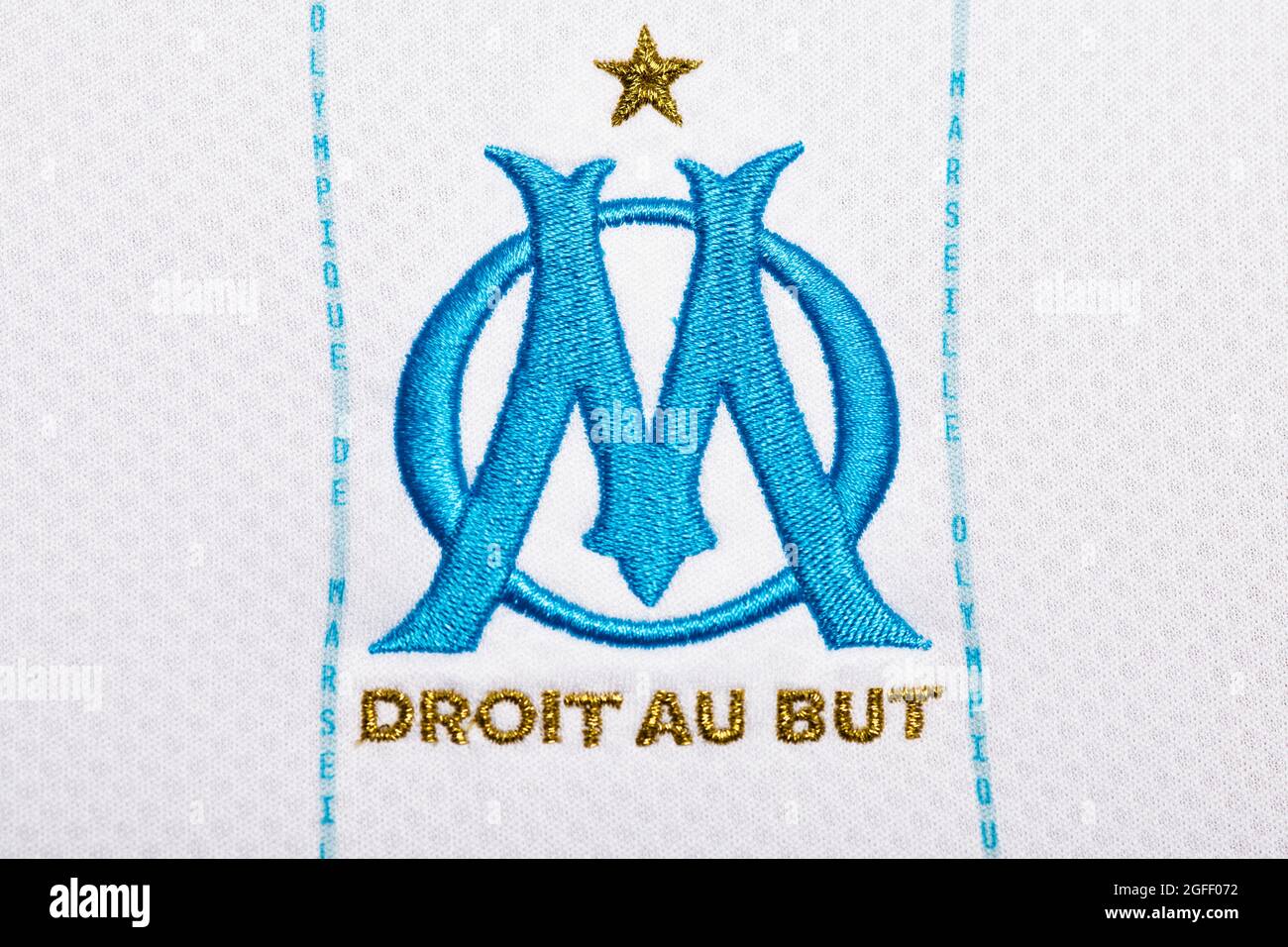 Nahaufnahme des Trikots von Olympique de Marseille 2020/21. Stockfoto