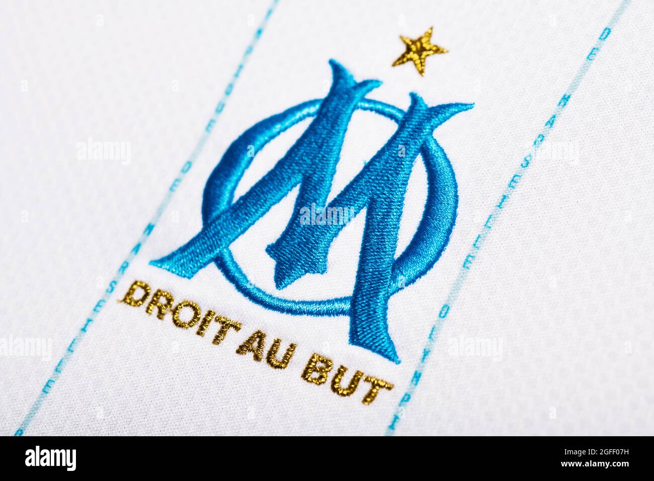 Nahaufnahme des Trikots von Olympique de Marseille 2020/21. Stockfoto