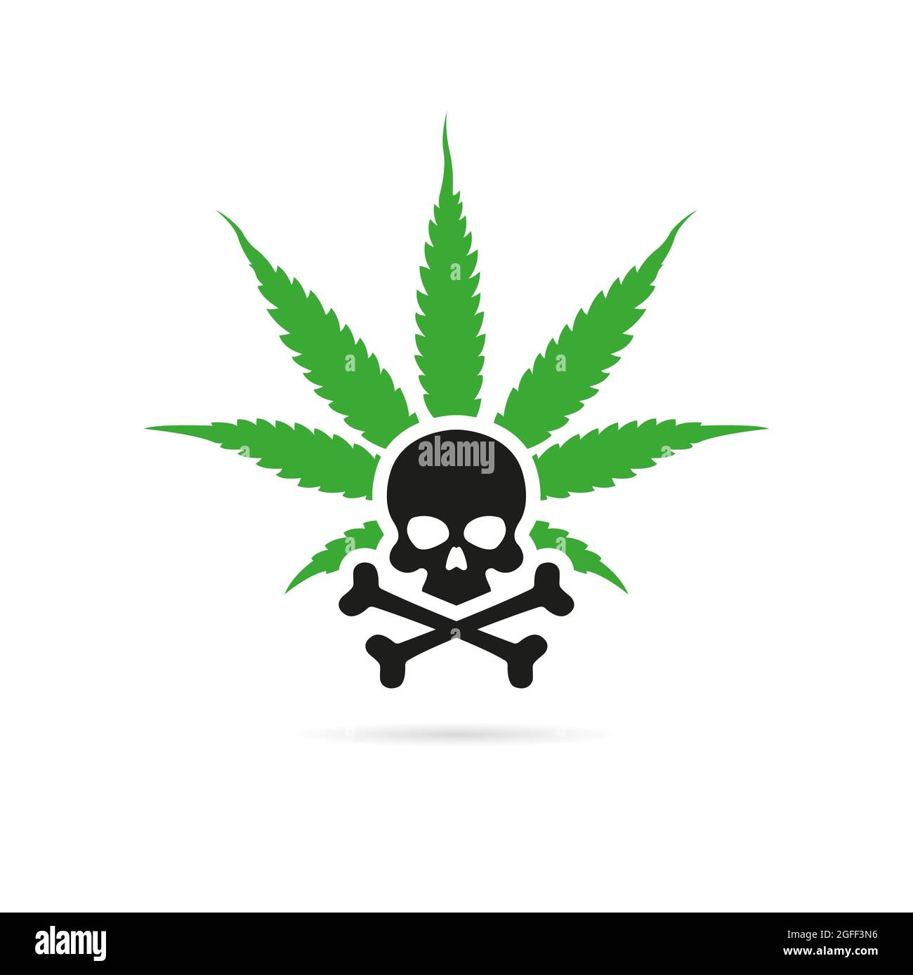 Grünes Cannabisblatt mit einem Schädel. Logo oder Emblem Konzept Stock Vektor