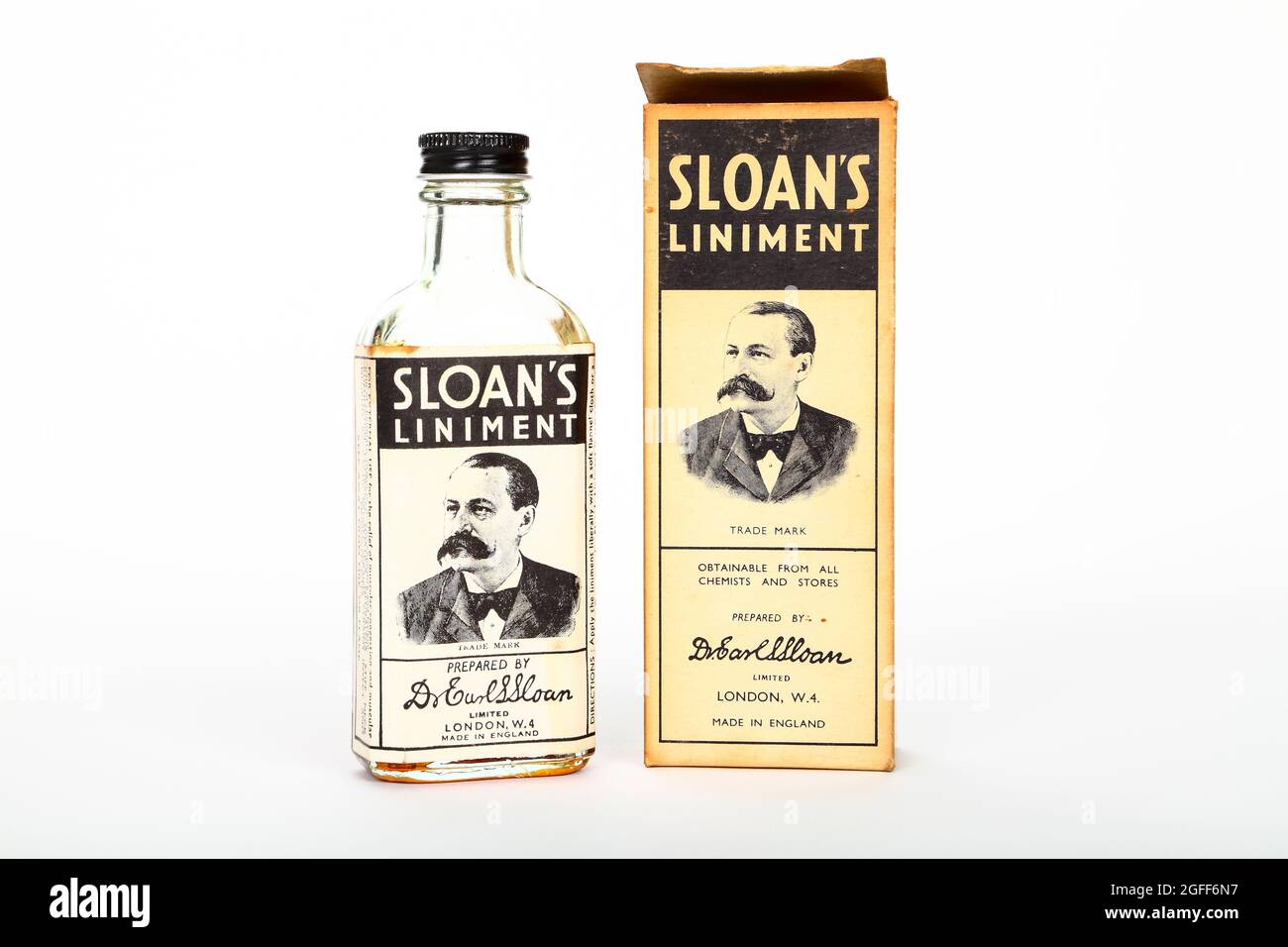 Vintage Sloan's Liniment Muskelschmerzen Heilmittel Salbe verwendet, um Krankheiten wie Stämme, Verstauchungen, Rückenschmerzen und Ischias zu behandeln Stockfoto