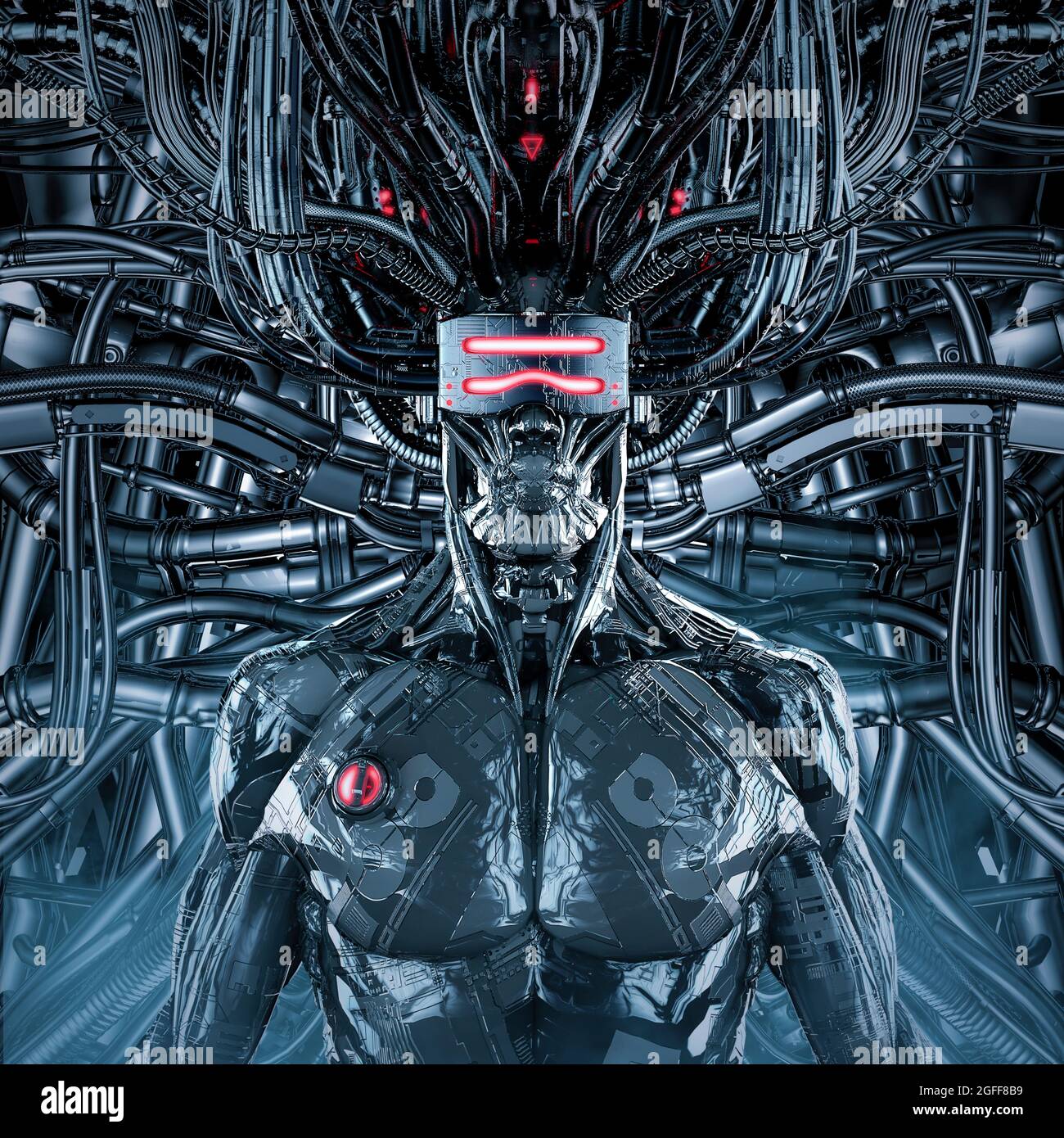 Meister der Maschine - 3D-Illustration von metallischen Science-Fiction männlichen humanoiden Cyborg im futuristischen Computerkern Stockfoto