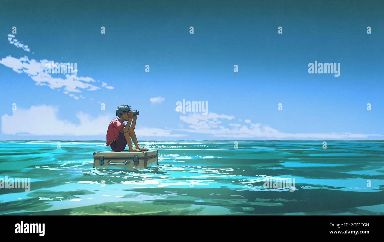 Ein Junge mit Fernglas sitzt auf einem Koffer, der auf dem Meer schwimmt, im Stil digitaler Kunst, in der Illustration Stockfoto