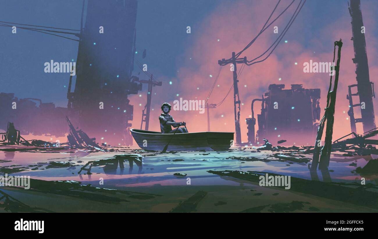 Der junge Mann sitzt auf einem Boot und blickt auf die überflutete verlassene Stadt, den digitalen Kunststil und die Illustration Stockfoto