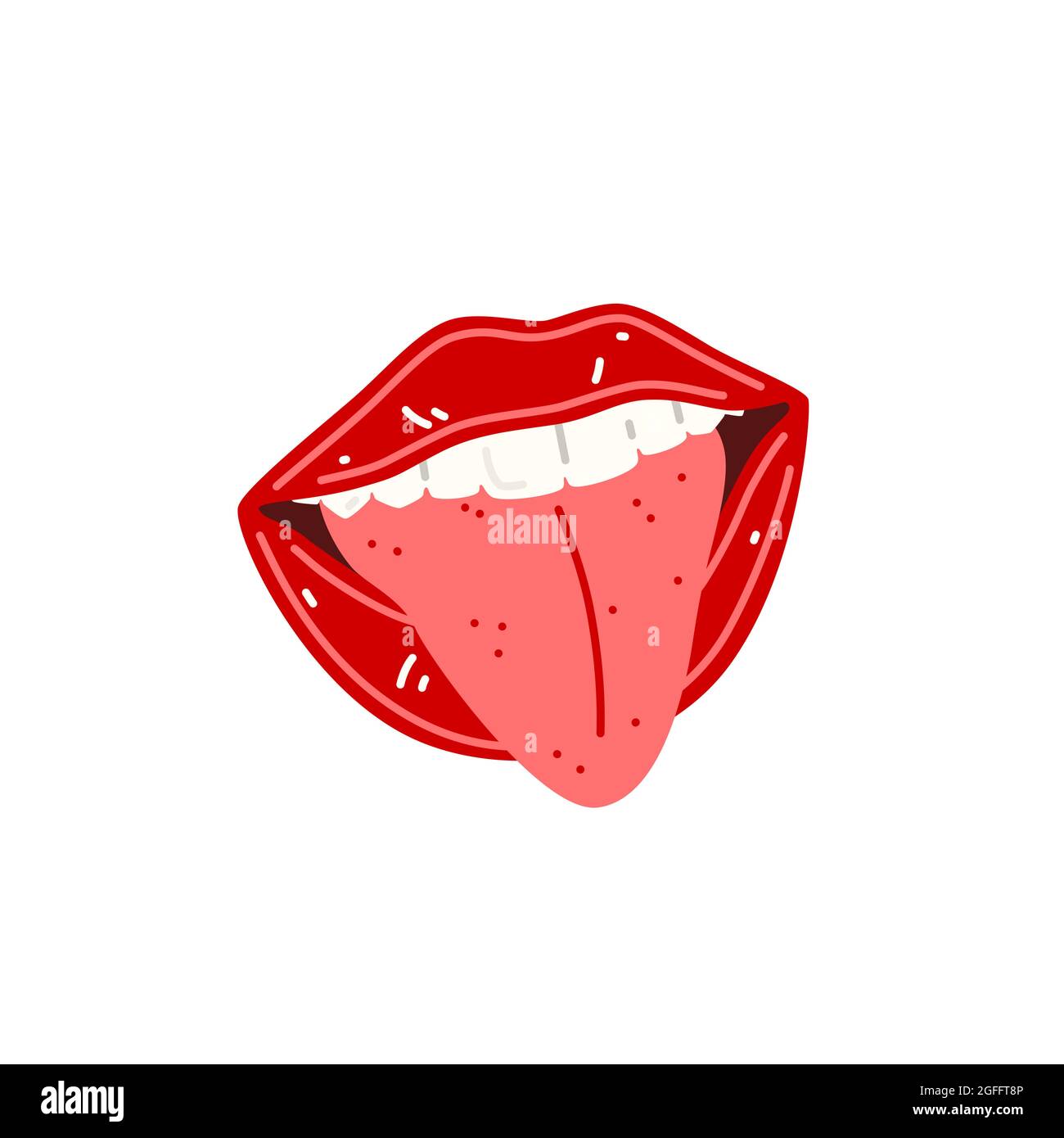 Offener Mund mit roten Lippen und Zunge, die herausragt. Vektorgrafik Stock Vektor