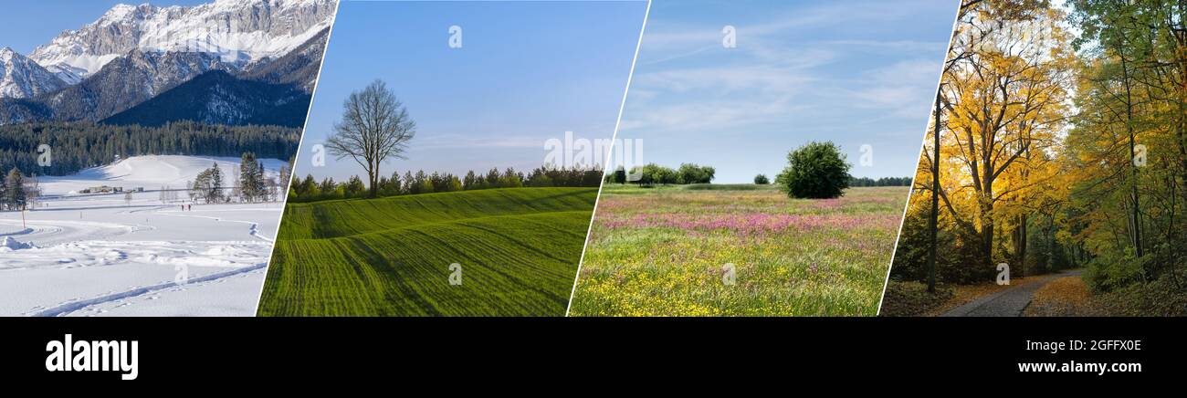 Landschaftscollage zu vier Jahreszeiten. Horizontales Banner mit Fotos von Winter, Frühling, Sommer, Herbst.Landschaften od Berge, Feld, Wiese und Wald in einem Stockfoto