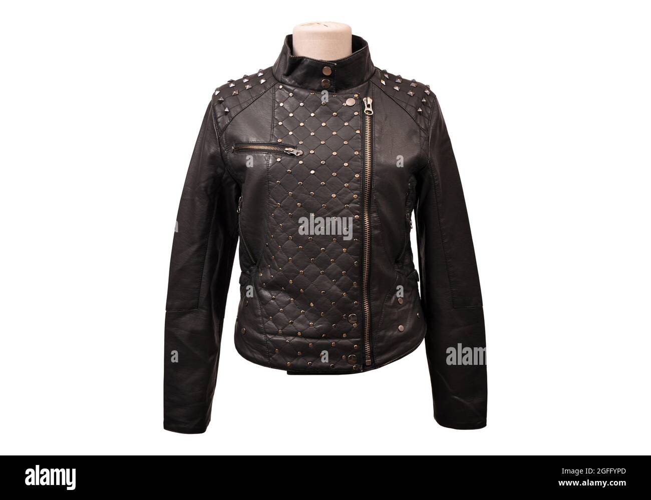 Schwarze Damen Lederjacke isoliert auf weißem Hintergrund, passend Größe Ledermantel Stockfoto