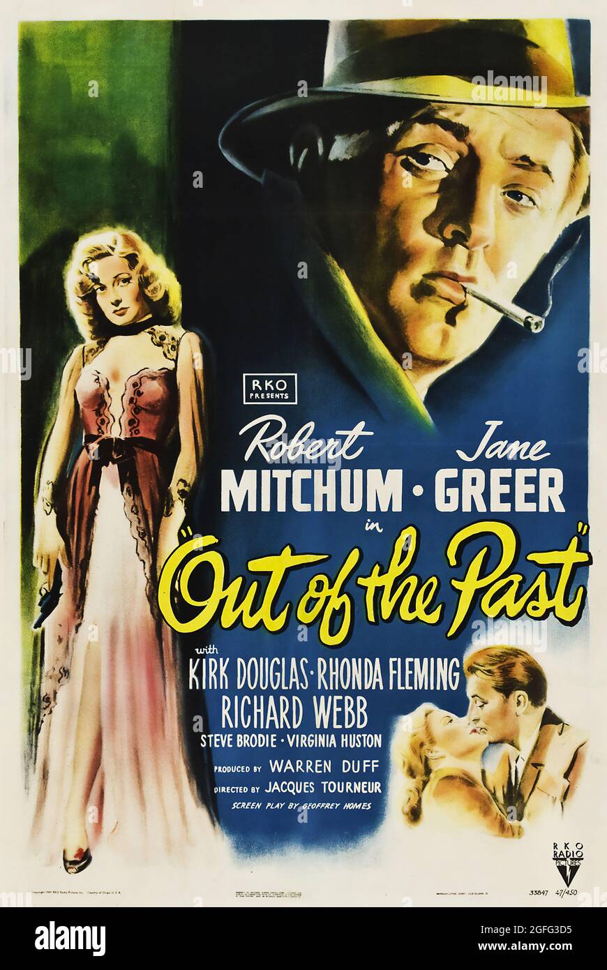Filmposter: Out of the Past (in Großbritannien als Build My Gallows High bezeichnet) ist ein Film-Noir aus dem Jahr 1947 mit Robert Mitchum. Stockfoto