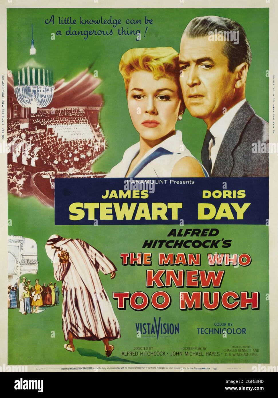 Filmplakat: The man Who Knew Too Much ist ein amerikanischer Spannungsgewitter von 1956 unter der Regie von Alfred Hitchcock mit James Stewart und Doris Day. Stockfoto
