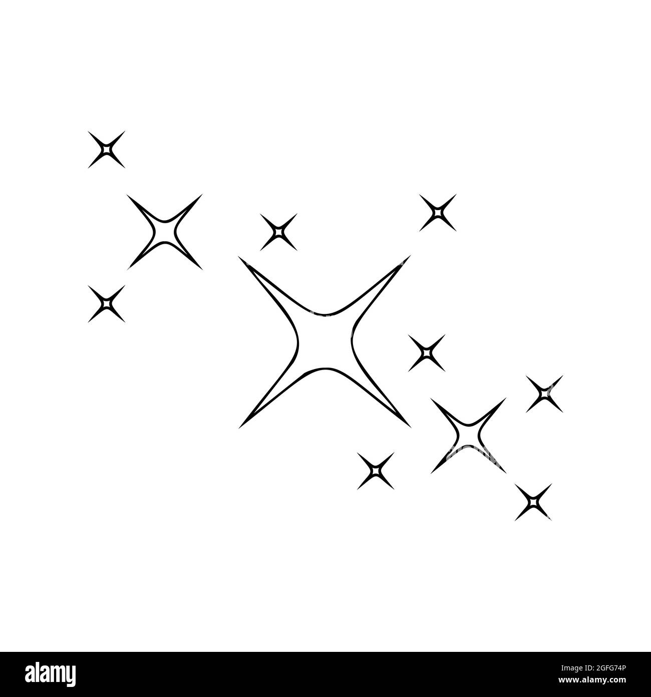 Sternenhimmel funkelt und funkelt Ikonen im Umrissstil. Heller Blitz, glänzendes Leuchten, Feuerwerk dünne Linien Symbole. Auf weißem Hintergrund isolierte Lichtpartikel. Lineare Vektordarstellung. Stock Vektor