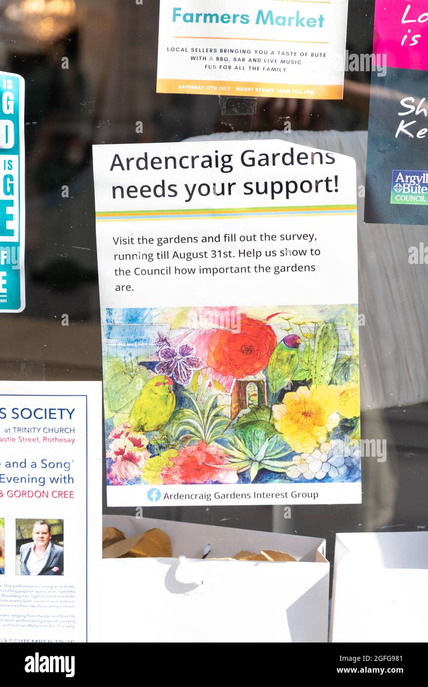 Plakat der Ardencraig Gardens Interest Group, das die Öffentlichkeit zur Besorgnis über die Zukunft der Gärten und Mitarbeiter einlädt - Rothesay, Schottland, Stockfoto