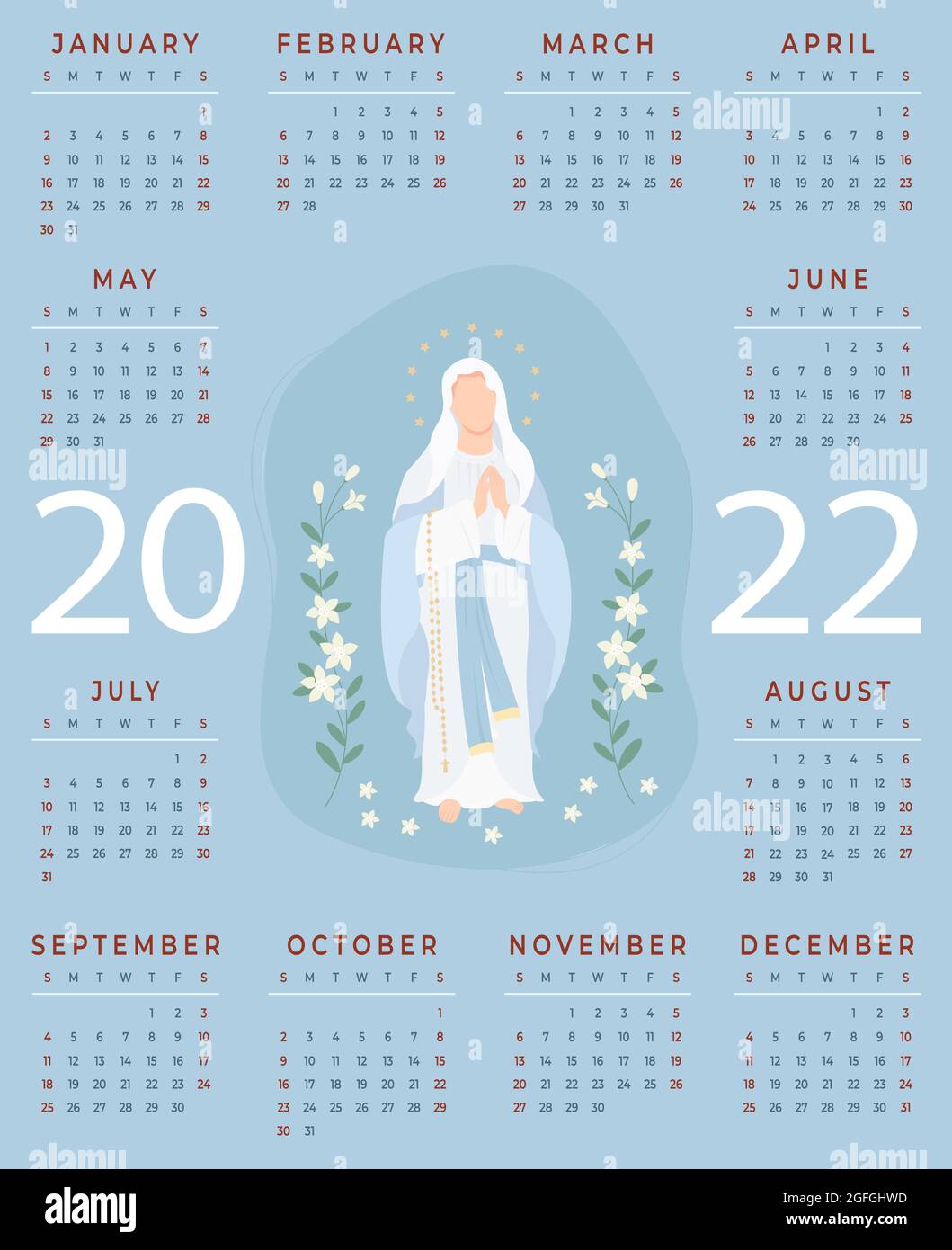 Religiöser Kalender für 2022 mit der Jungfrau Maria. Die Allerheiligste Gottesmutter die Königin des Himmels mit Lilien. Vektorgrafik. Vertikale A3-Vorlage Stock Vektor