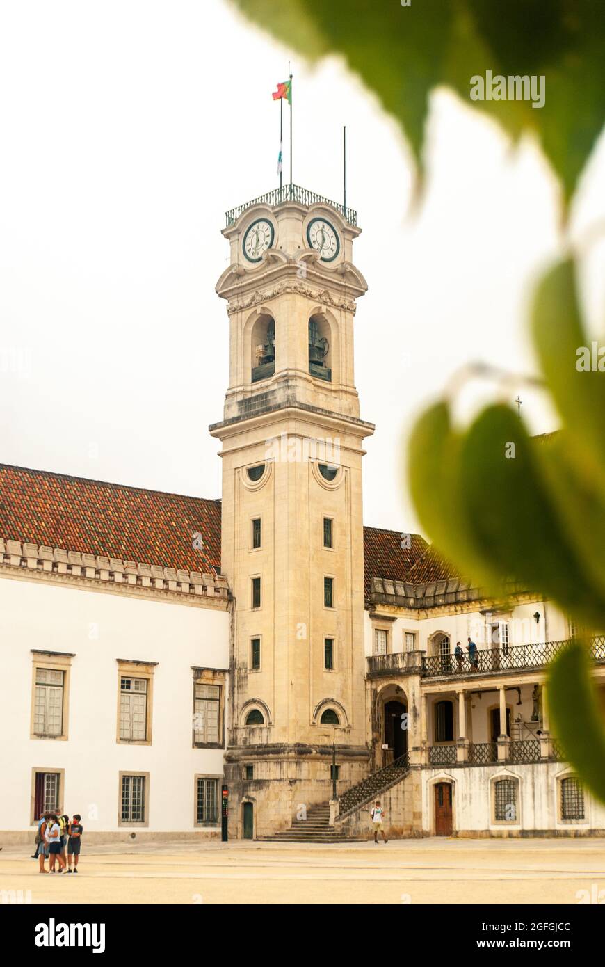 Ein Blick auf den Turm und den Platz Paco das Escolas der Universität von Coimbra durch die grünen Baumblätter - Selective Focus, Portugal Stockfoto