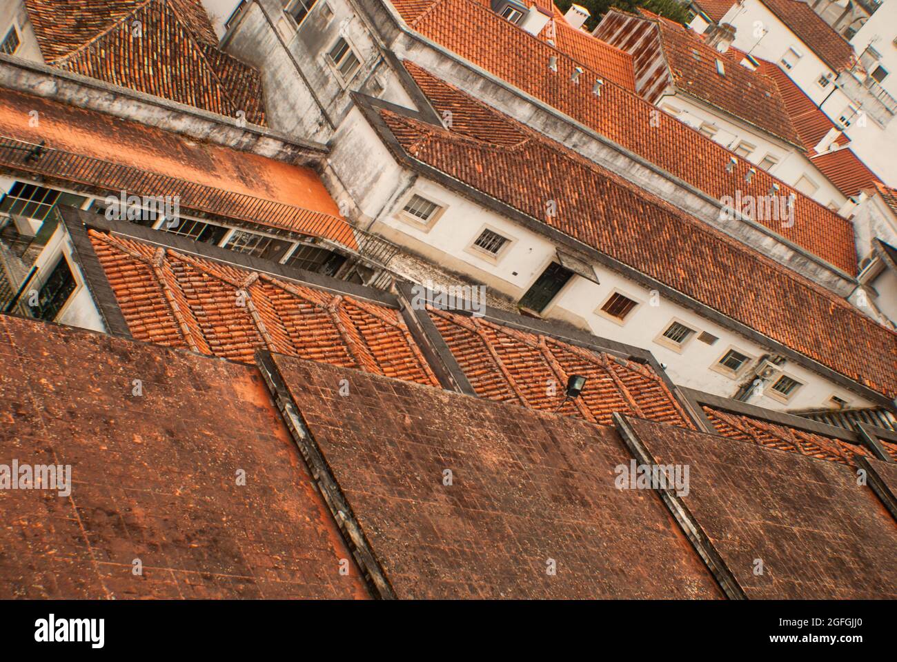 Rot gefliestes Dach über abstrakten weißen Wänden aus der Luft - Portugal, Coimbra, selektiver Fokus, ungewöhnlicher Winkel Stockfoto