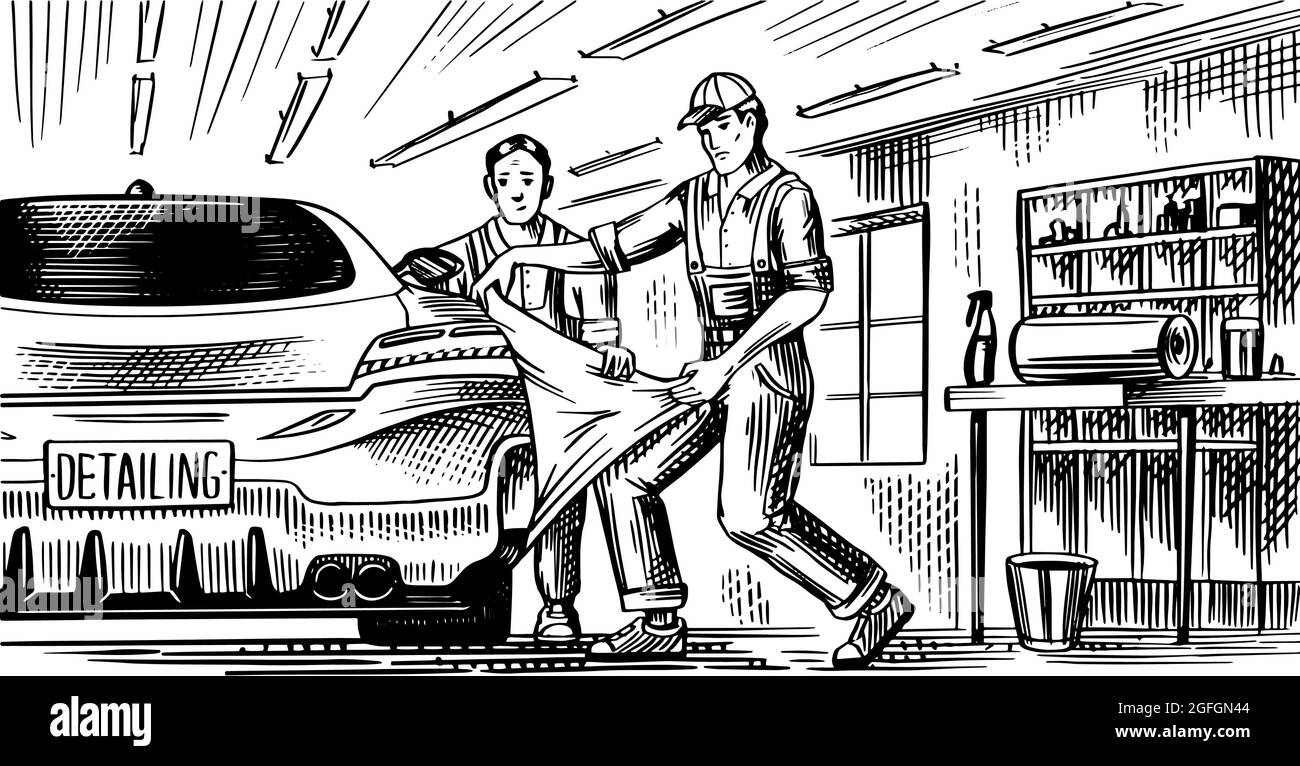 Auto-Service oder Automobilzentrum. Werkstatt Reparieren. Reparieren Des Automotors. Fahrzeugdetails und Tuning. Mechaniker und Techniker. Verpackungsspezialist Stock Vektor