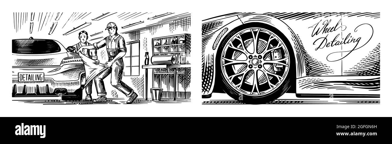 Verpackung Specialist Putting Vinyl Folie Film. Auto-Service oder Automobilzentrum. Automatische Detailierung und Feinabstimmung. Wechseln Sie von Winter- zu Ganzjahresreifen Stock Vektor