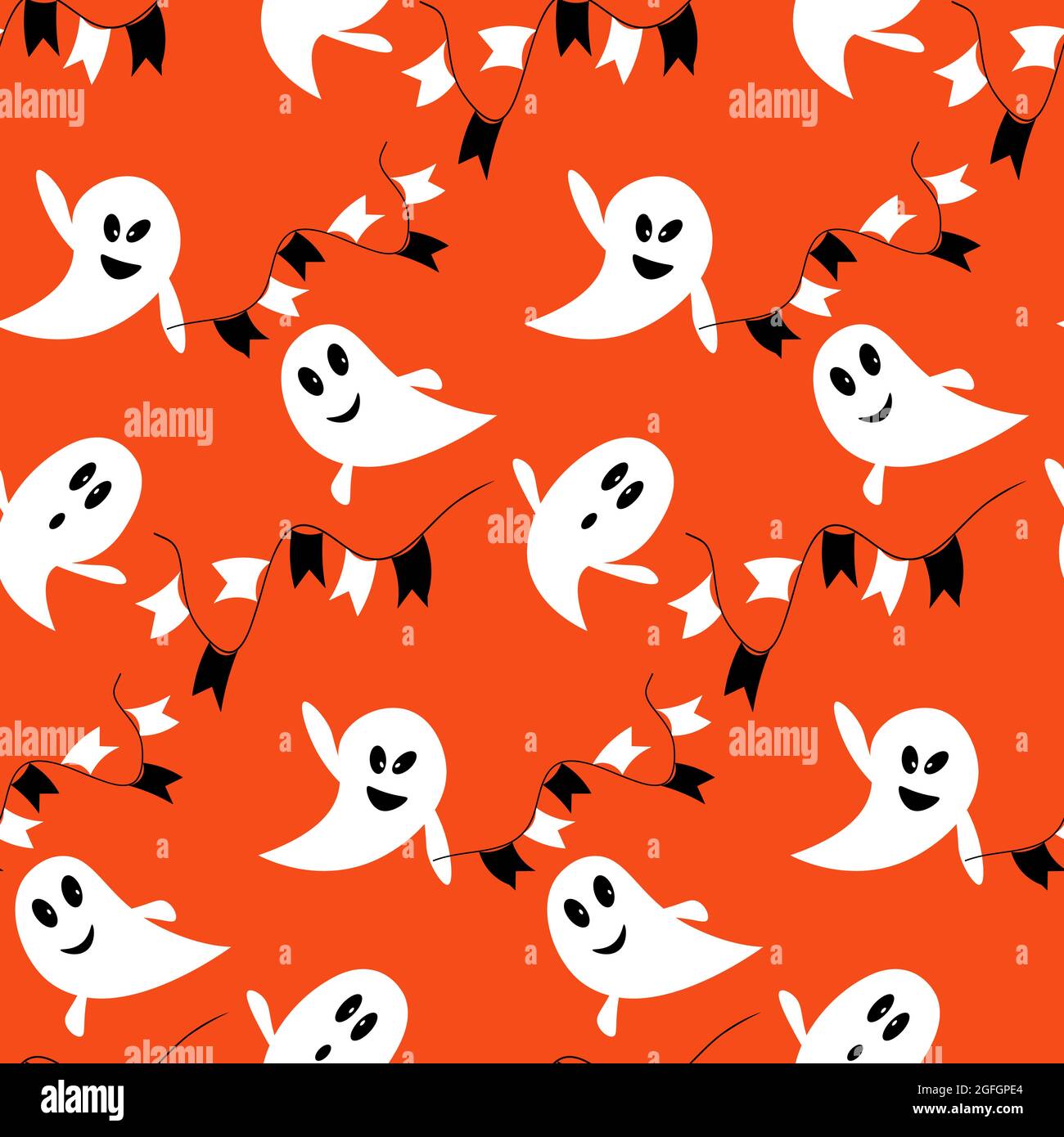 Muster mit lustigen Geistern und Fahnen. Vektorgrafik auf einem orangefarbenen Hintergrund. Stock Vektor