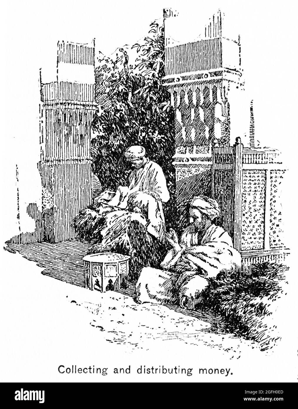 Gravur von Geldwechslern bei der Arbeit in Jerusalem, Sammeln und Verteilen von Geld, veröffentlicht 1916 Stockfoto