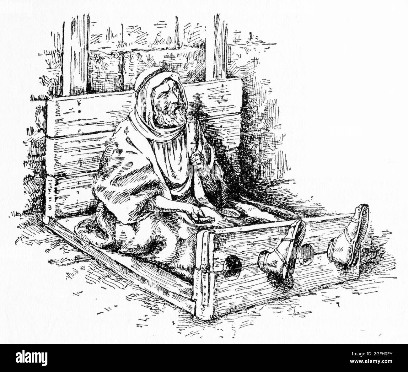 Stich eines Gefangenen in den Beständen, veröffentlicht 1916 Stockfoto