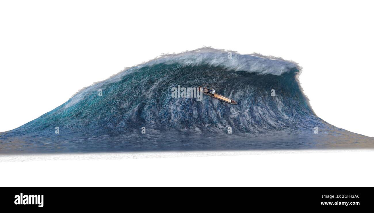3D-Illustration Tsunami Welle apokalyptische Wasseransicht Sturm isoliert auf weißem Hintergrund Stockfoto