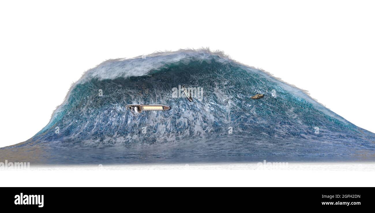 3D-Illustration Tsunami Welle apokalyptische Wasseransicht Sturm isoliert auf weißem Hintergrund Stockfoto