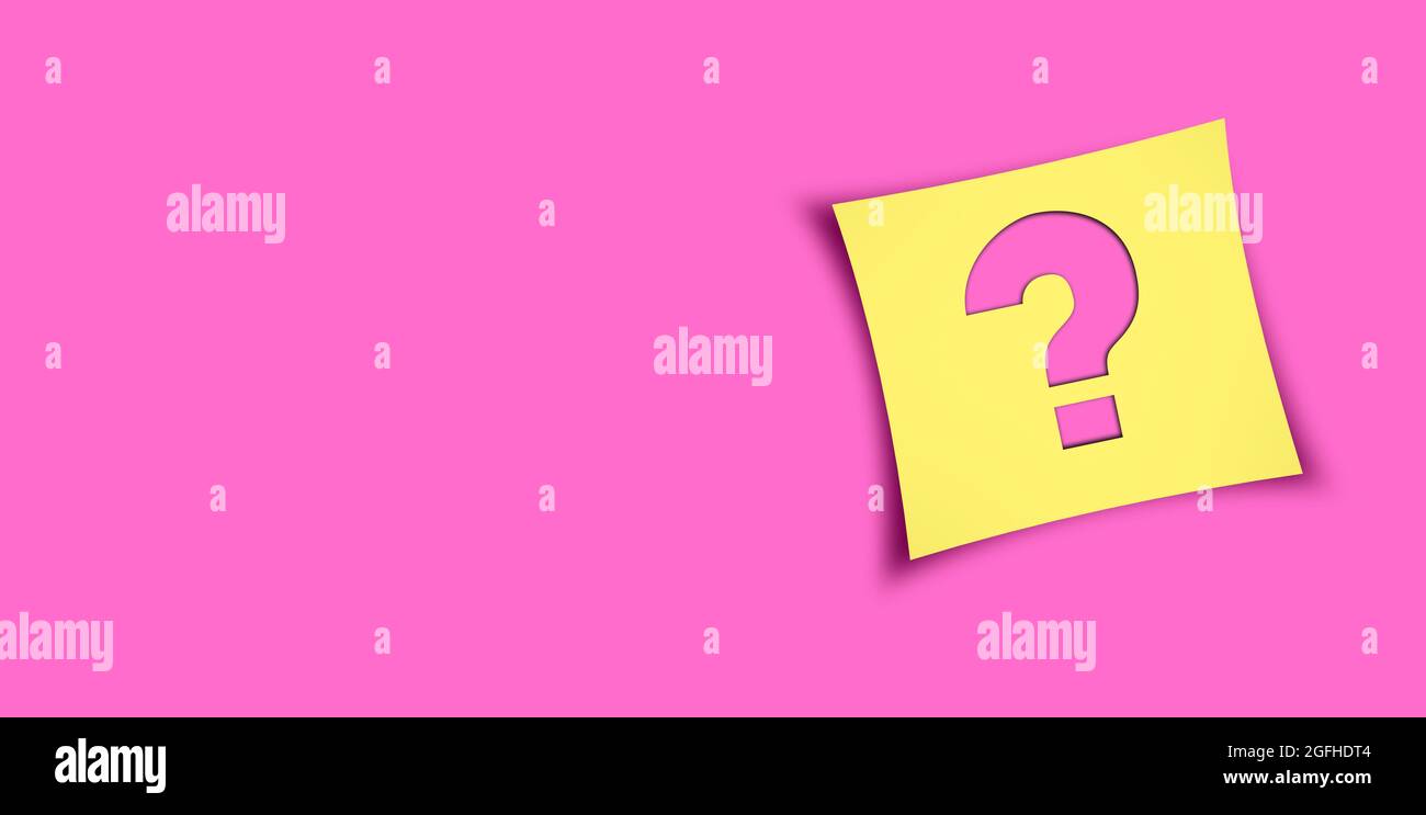 Fragezeichen in Papiernotiz auf rosa Hintergrund mit Kopierbereich. Business Help, Support und FAQ Konzept Stockfoto