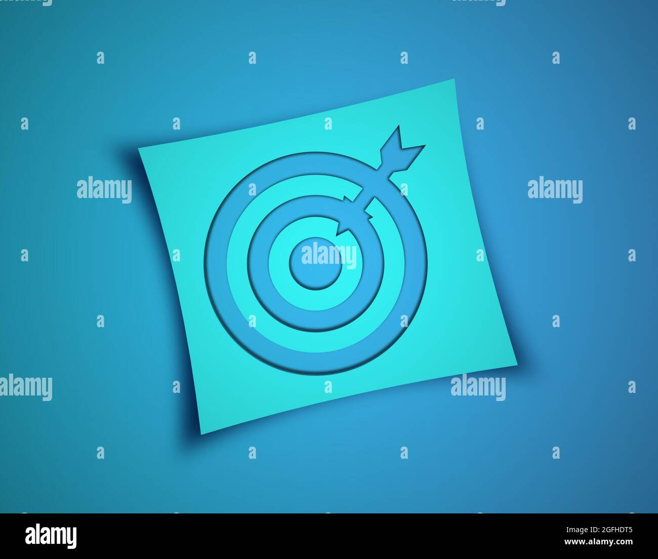 Papierzielpfeil mit Pfeil auf blauem Hintergrund. 3d-Zielschild in Papierschnitt Stockfoto