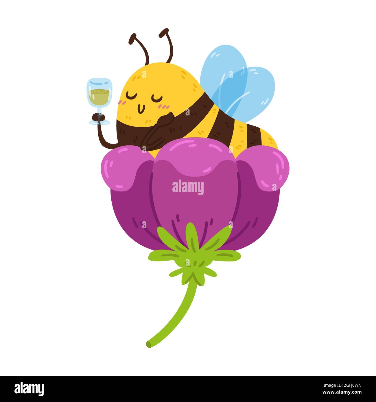 Niedliche kleine Honigbiene in Blüte mit Weinglas aus Nektar. Das gestreifte Insekt ruht während der Pause. Vektorzeichen isolierte Illustration auf weiß Stock Vektor