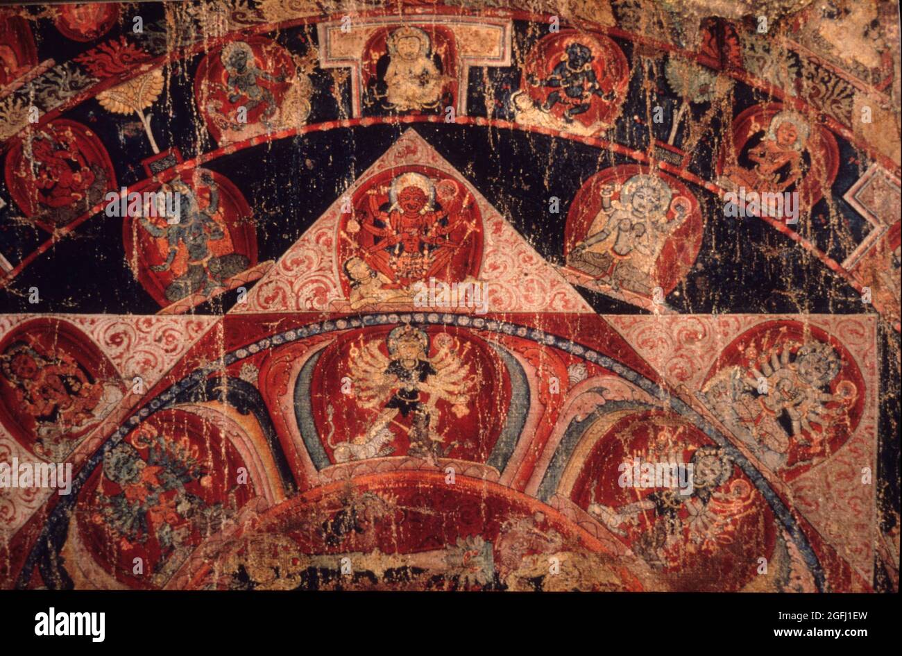 Nepal: Navadurga Mandala 1375-1400 A.D. Links drei gerichtete Guardians. Auf Baumwolle. Stockfoto