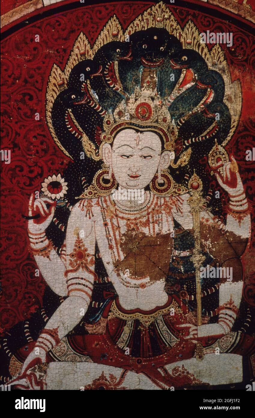 Nepal: Vishnu Mandala 1420 n. Chr. gemalt von Jayateja, Vishnu auf Ananta.  Auf Baumwolle Stockfotografie - Alamy