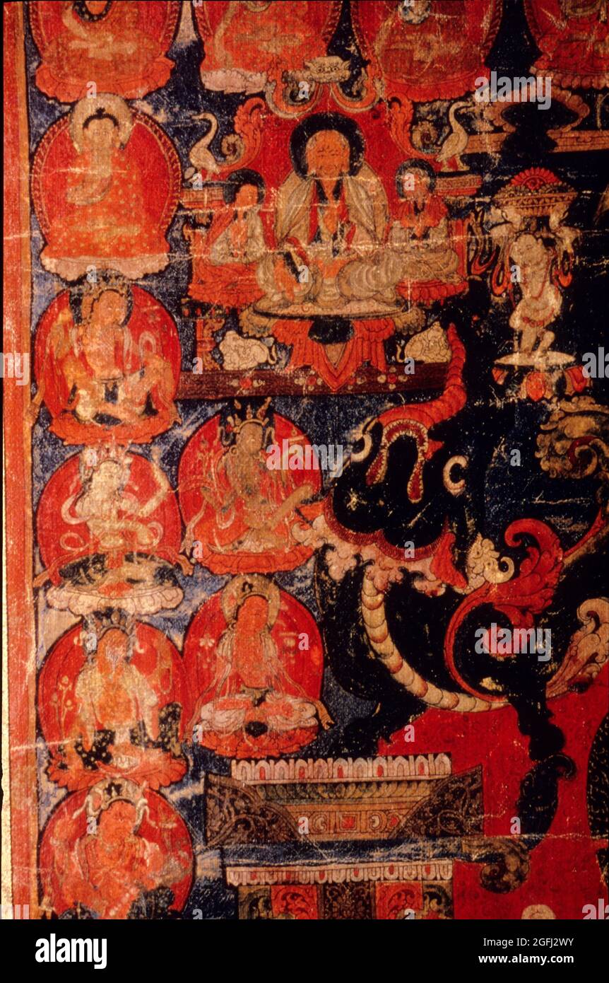 Tibet: Westtibet 15. Jahrhundert A.D. Bhaishayja Guru verließ Mittelfiguren. Stockfoto