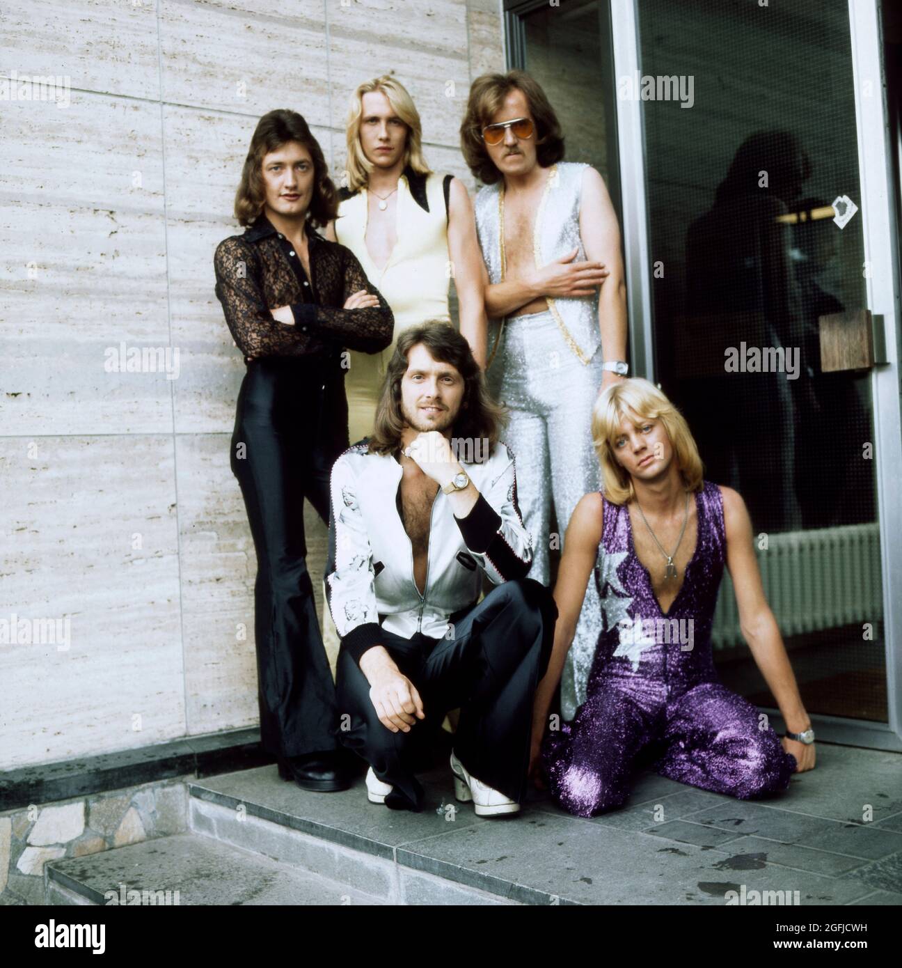 Shabby Tiger, britische Glamrock Band, Dave Almond, Graham Fielding, Henderson Gibson, Mike Ryan, Tony Baker, Bild um 1974. Shabby Tiger, British Glamrock Band, Foto um 1974. Stockfoto