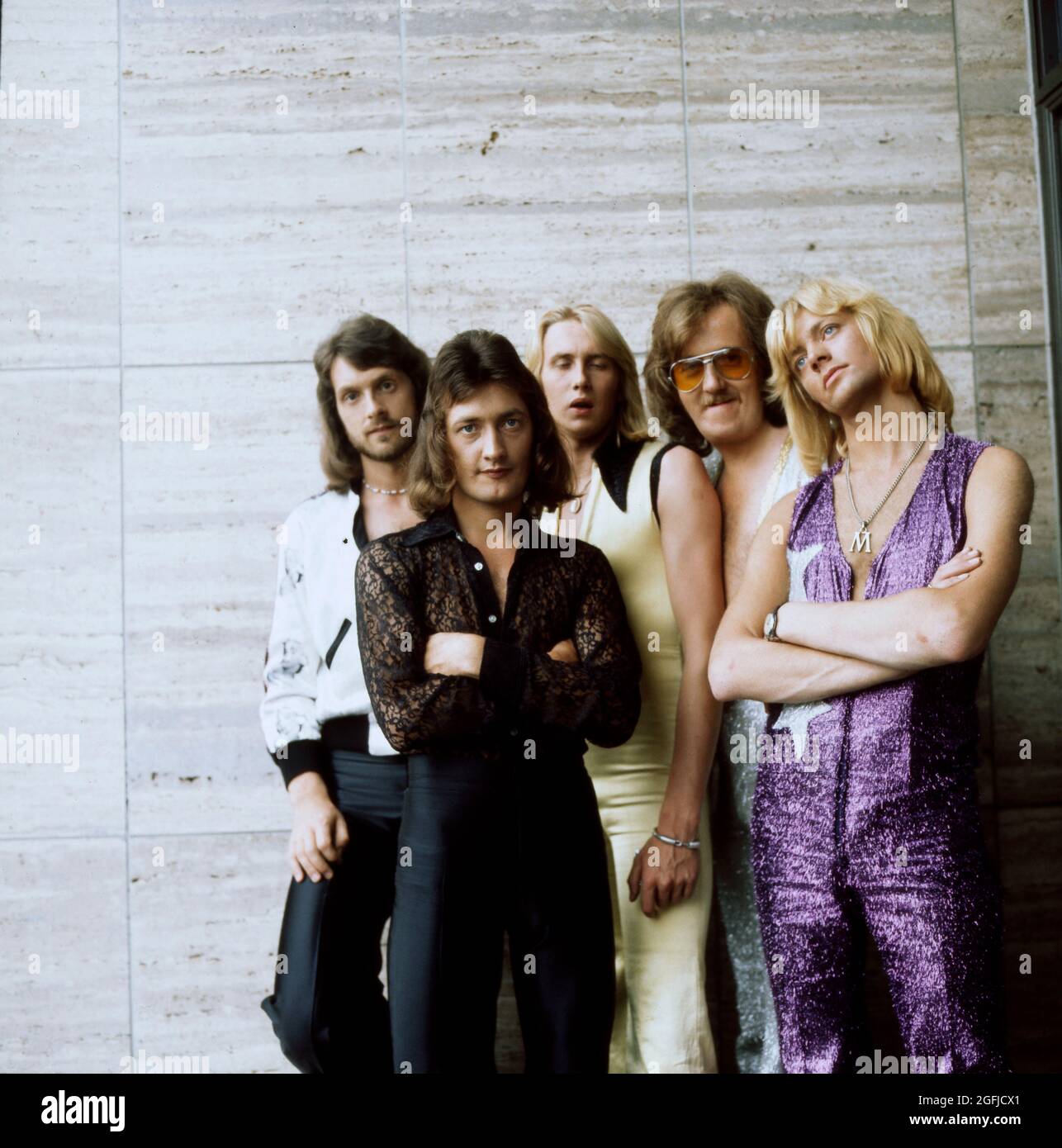 Shabby Tiger, britische Glamrock Band, Dave Almond, Graham Fielding, Henderson Gibson, Mike Ryan, Tony Baker, Bild um 1974. Shabby Tiger, British Glamrock Band, Foto um 1974. Stockfoto