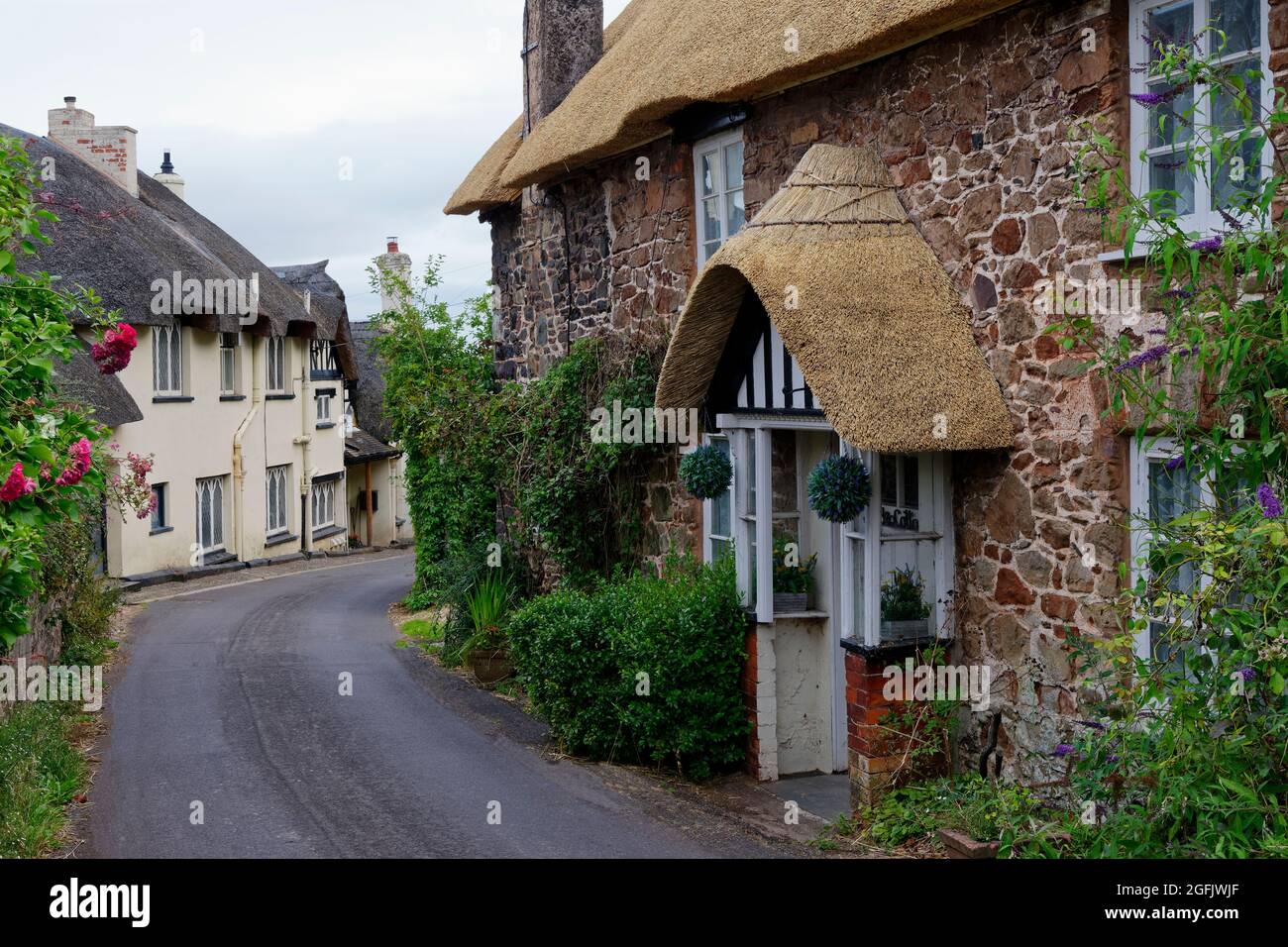 Alte reetgedeckte Häuser in Doverhay, Porlock, Somerset Stockfoto