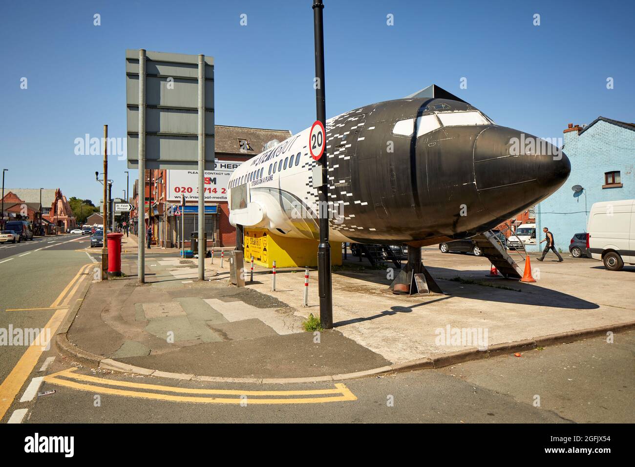 Stadtzentrum Bolton, Lancashire, Rumpf von Boeing 737 Steaks in EINEM Flugzeugrestaurant auf der Deane Road Stockfoto