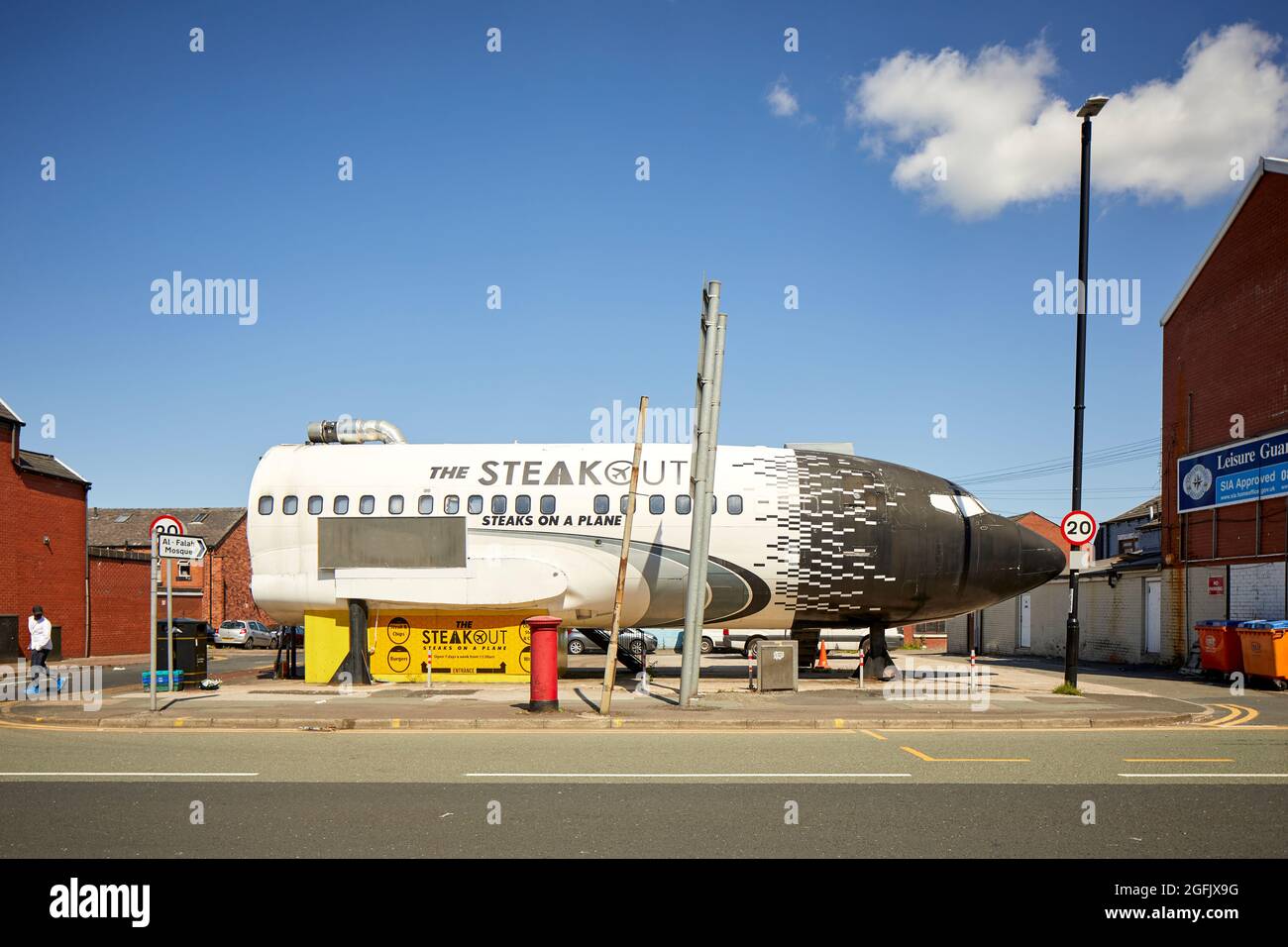 Stadtzentrum Bolton, Lancashire, Rumpf von Boeing 737 Steaks in EINEM Flugzeugrestaurant auf der Deane Road Stockfoto