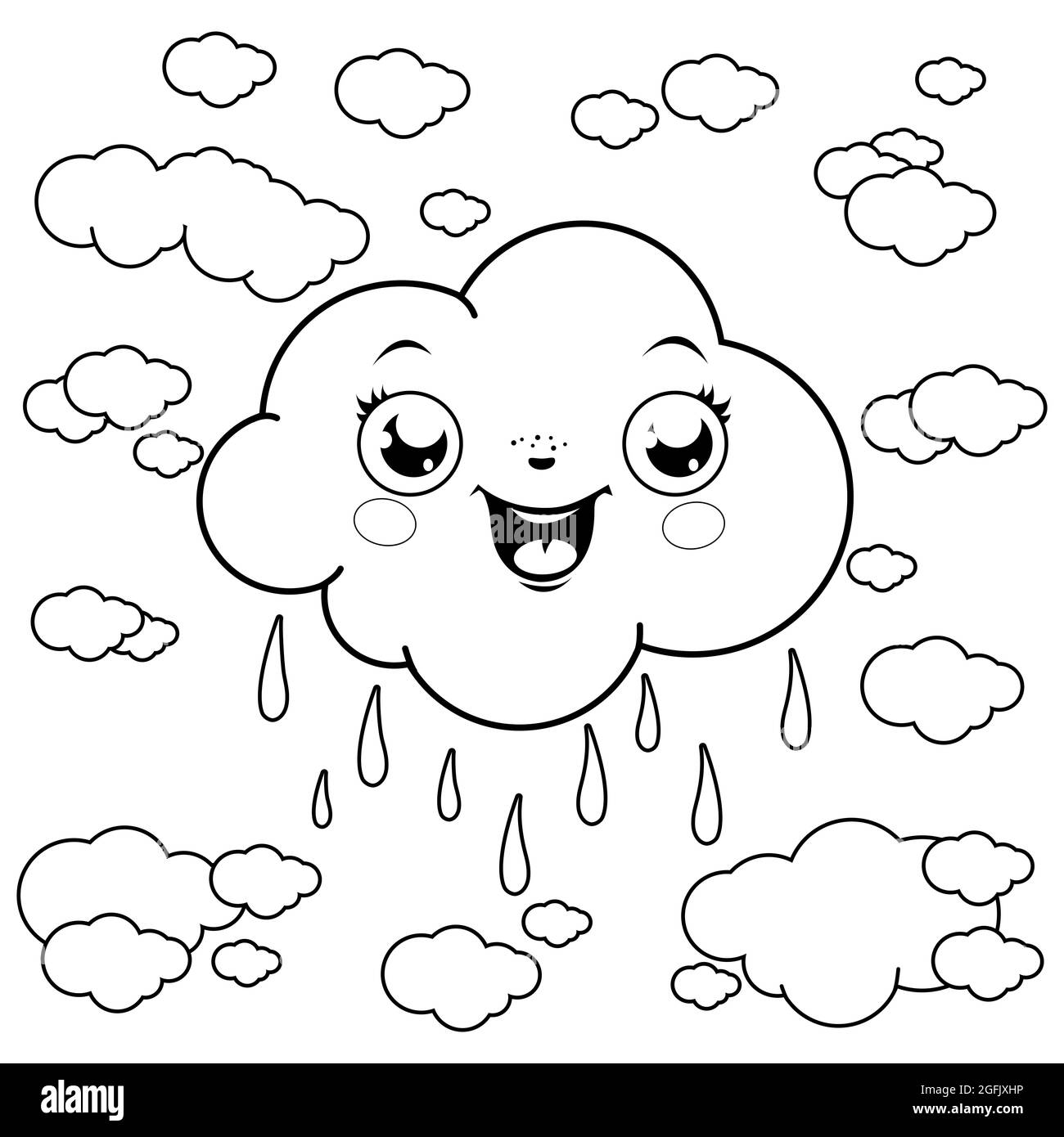 Illustration von Wolken, die am Himmel regnen. Schwarz-Weiß-Malseite Stockfoto