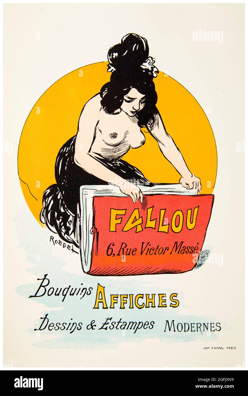 Vintage 19. Jahrhundert Adresskarte des Verlages und Kunstbuchhandlung, Fallou, 6 rue Victor Masse Paris France, Lithografie von Auguste Roedel, 1897 Stockfoto