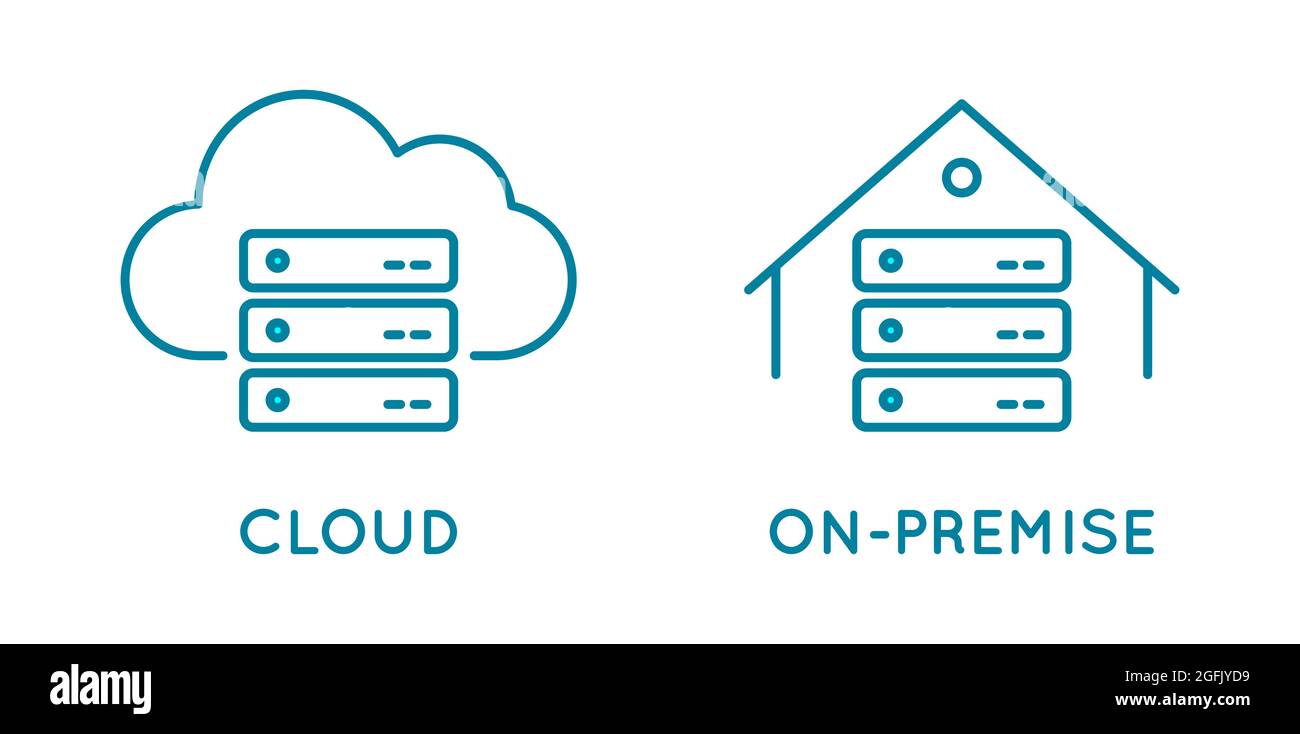 Symbol für On-Premise- und Cloud-Service Line. Lokale Netzwerk- und Cloud-basierte Lösungen. Interne Infrastruktur im Vergleich zum globalen Netzwerk. Virtuelle und physische Daten Stock Vektor