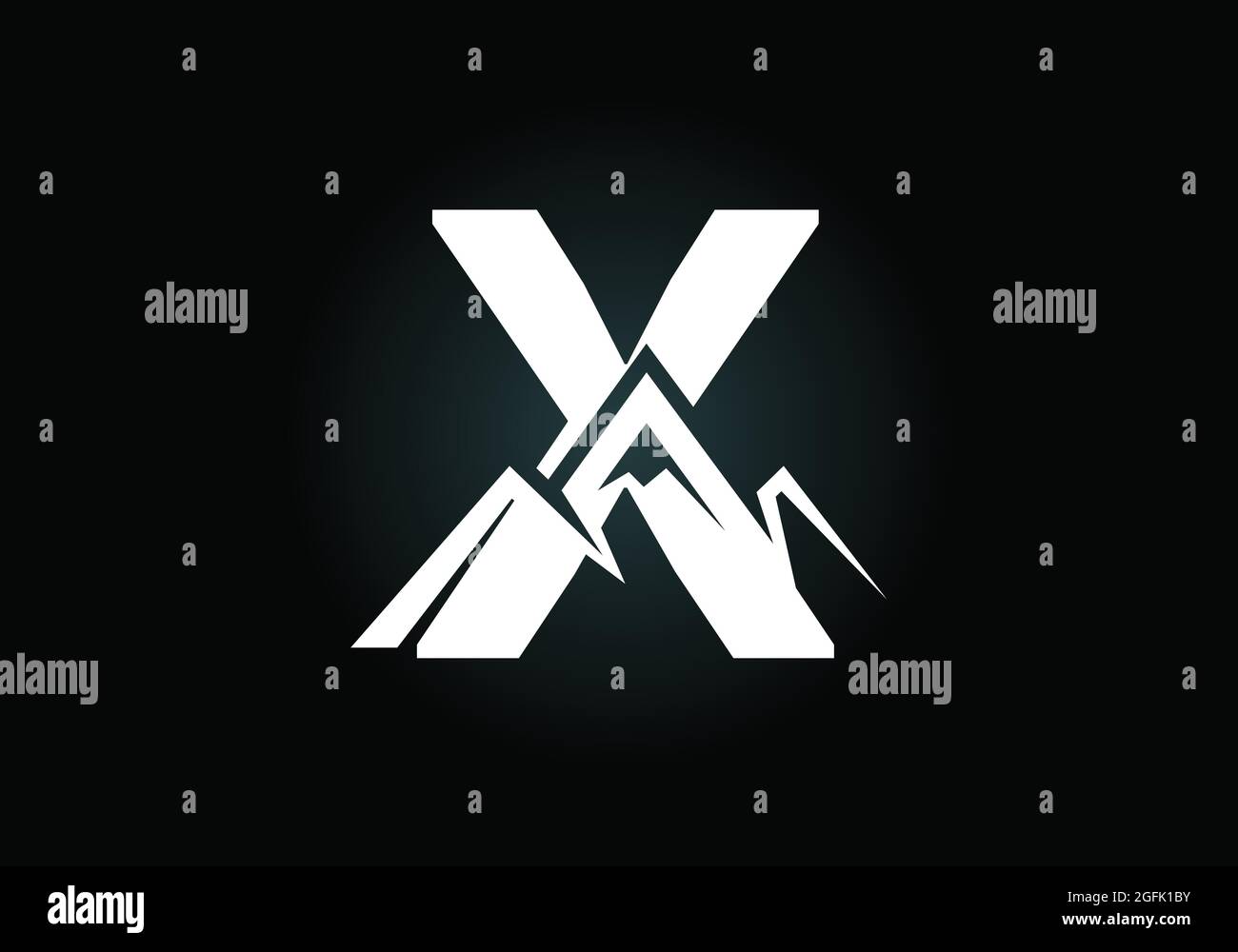 Erstes X-Monogramm-Alphabet mit dem Berggipfel. Berg Logo Zeichen Symbol. Schrift-Emblem. Modernes Vektorlogo für das Unternehmen und die Unternehmensidentität Stock Vektor