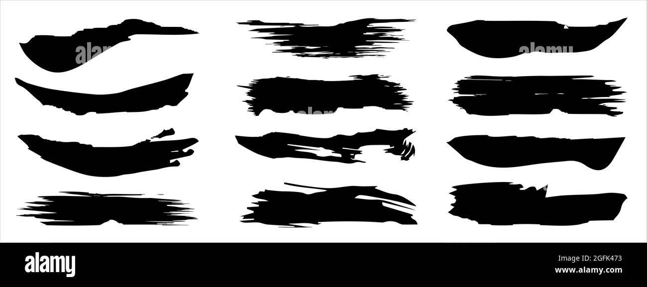 Sammlung von künstlerischen grungy schwarze Farbe von Hand gemacht kreative Pinselstrich auf Hintergrund isoliert gesetzt. Eine Gruppe von abstrakten Grunge-Skizzen für Design Stockfoto