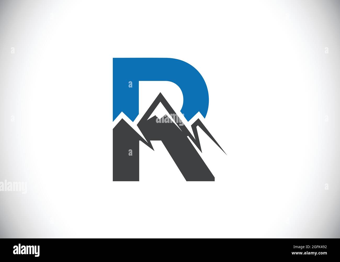 Anfängliches R-Monogramm-Alphabet mit dem Berggipfel. Berg Logo Zeichen Symbol. Schrift-Emblem. Modernes Vektorlogo für das Unternehmen und die Unternehmensidentität Stock Vektor