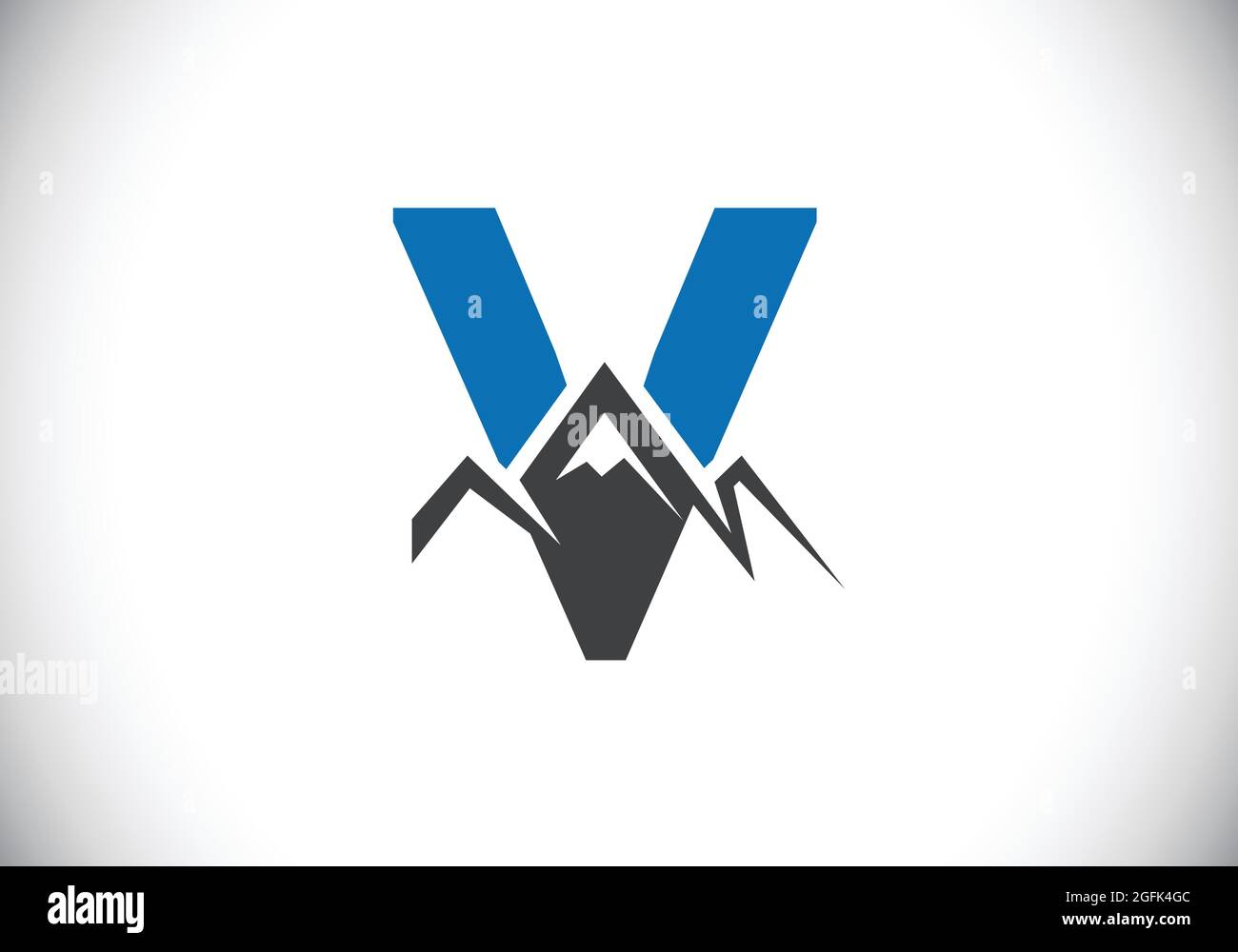 Initial V Monogramm Alphabet mit dem Berggipfel. Berg Logo Zeichen Symbol. Schrift-Emblem. Modernes Vektorlogo für das Unternehmen und die Unternehmensidentität Stock Vektor