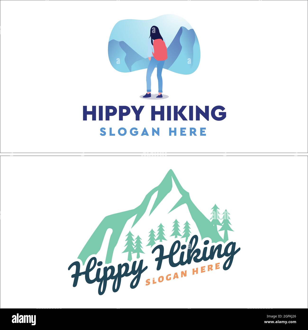 Illustration Vektor Berg und Frau trägt einen Rucksack Logo-Design Stock Vektor