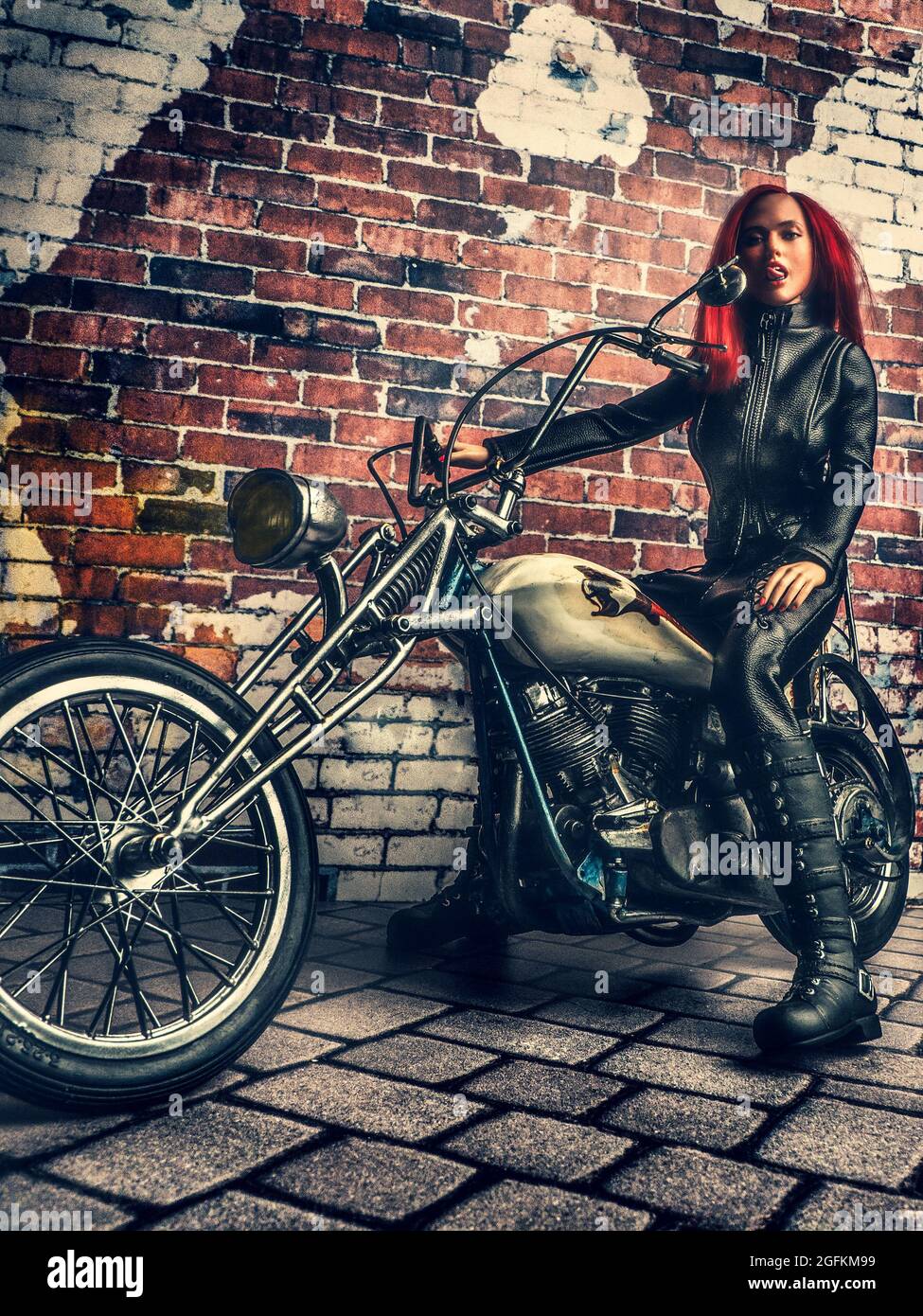 Mädchen auf einem Harley-Davidson Chopper Fahrrad, Details Stockfoto